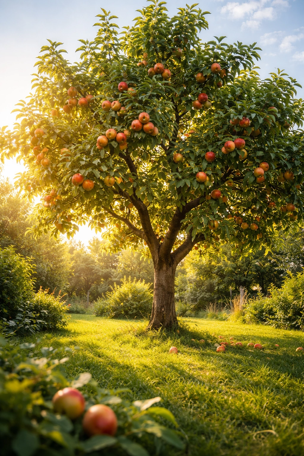 Single mature fruit tree in a sunlit grassy garden.
