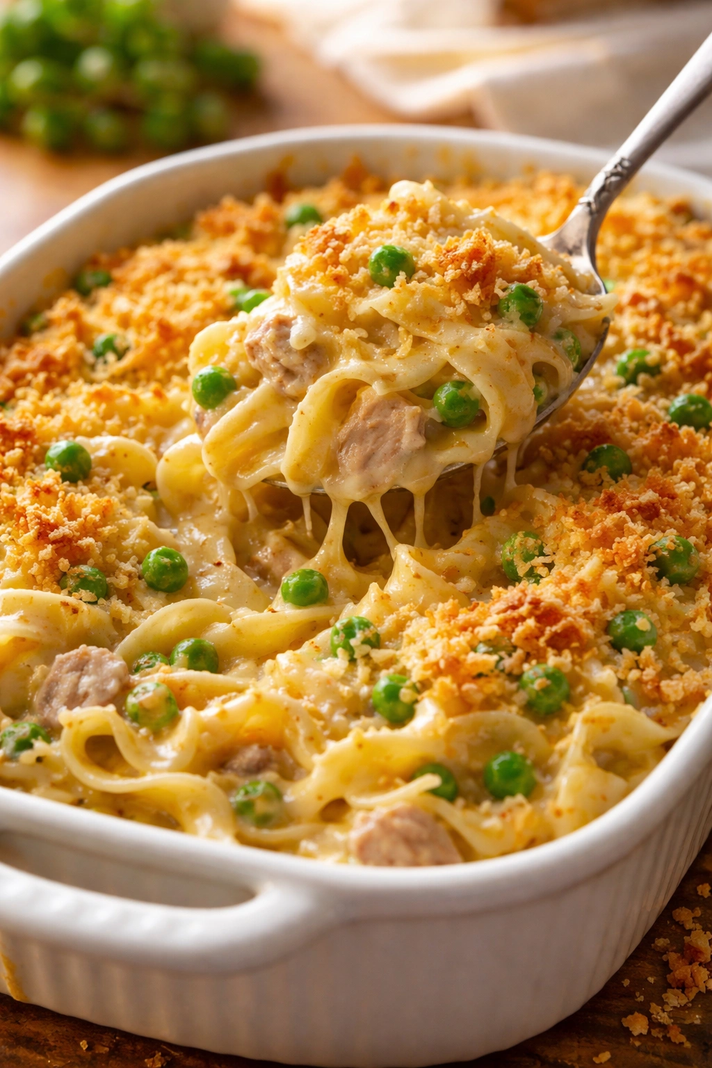 Creamy sauce clinging to tender noodles in a tuna casserole