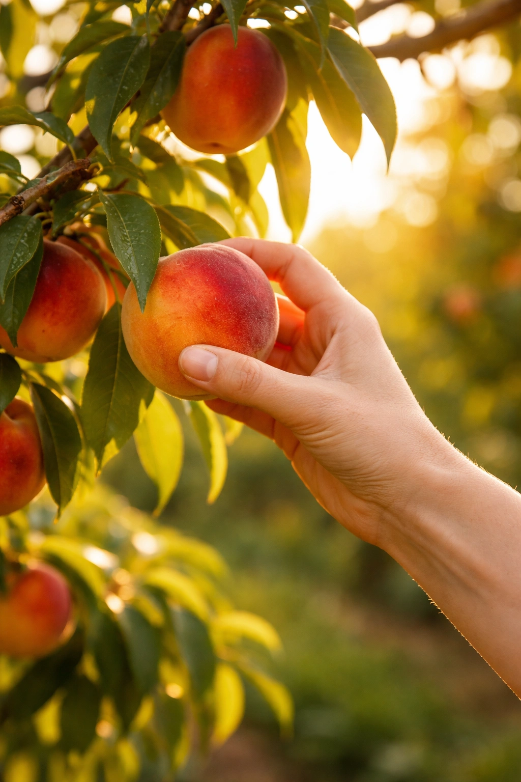 Close-up of a hand harvesting a ripe fruit in a sunlit orchard