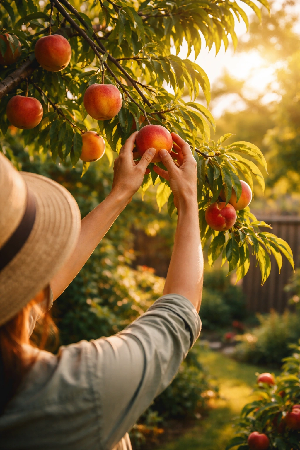Person harvesting ripe fruit from a sunlit backyard tree, symbolizing lifestyle change.
