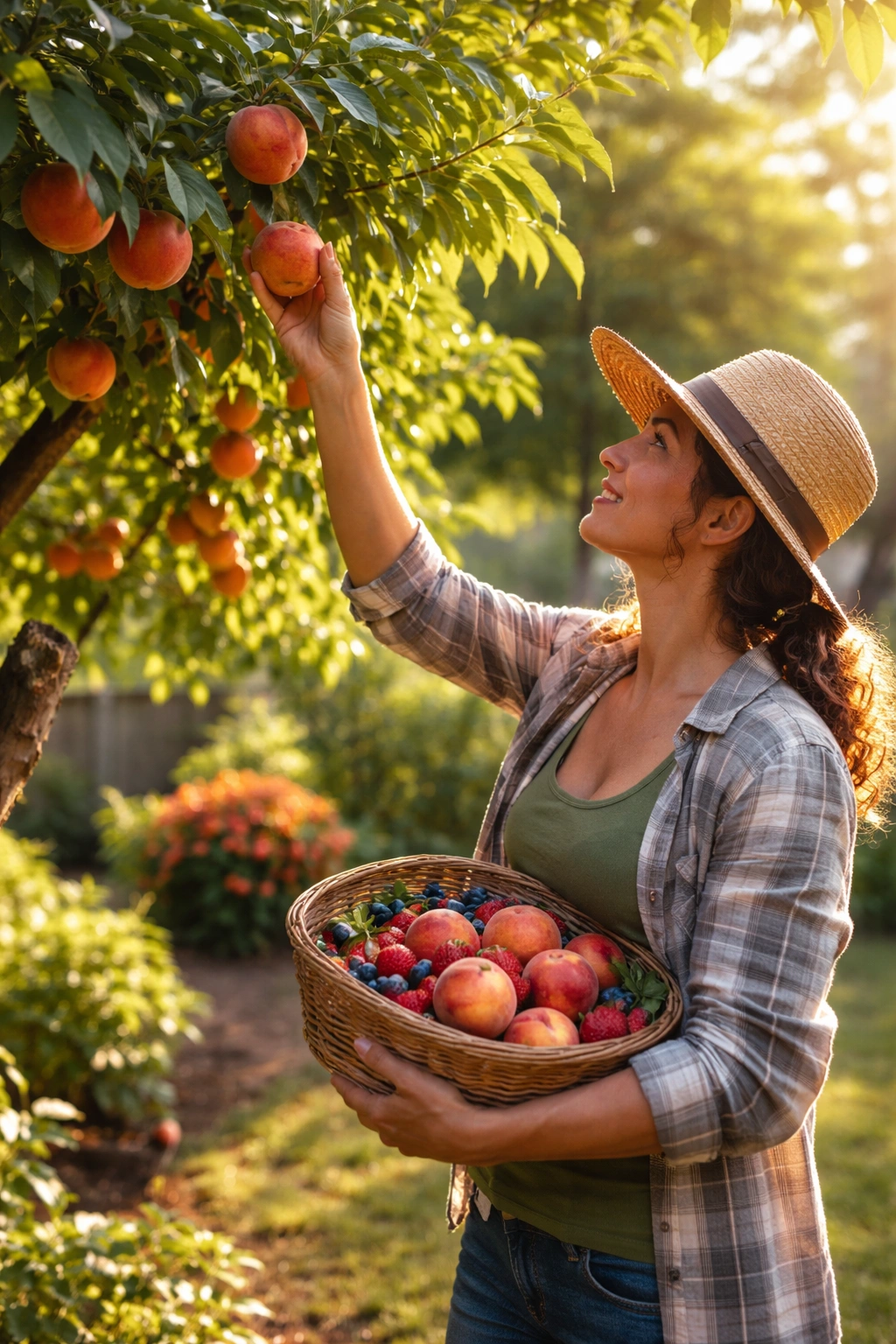 Backyard scene with a fruit tree heavy with fruit and a person harvesting in warm morning light.