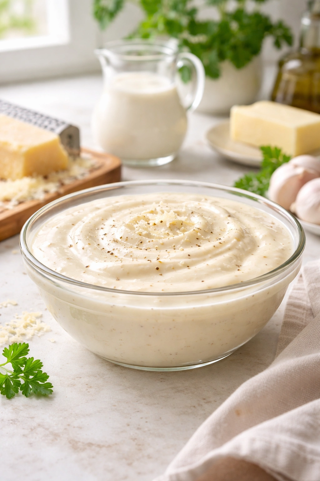 Creamy homemade Alfredo sauce in a glass bowl with rich texture.
