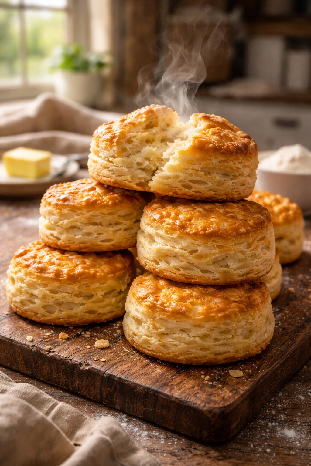 Homemade biscuits on rustic board showing flaky layers and golden crust