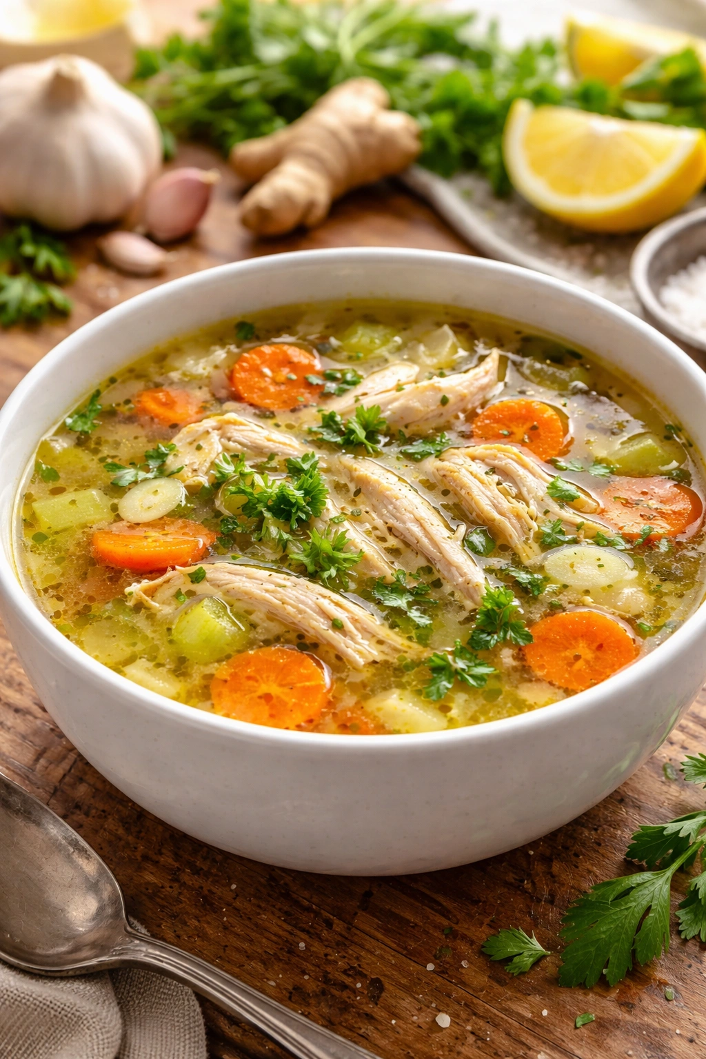 Close-up of a rich-looking chicken soup showing fresh garlic and herbs