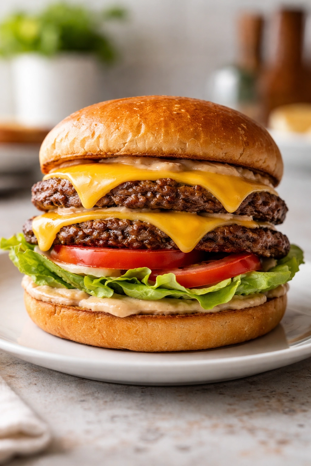 Juicy homemade cheeseburger with melted cheese on a plate
