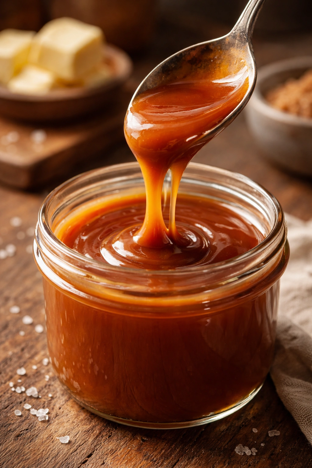 Glossy amber caramel pouring from a spoon into a dish on wood
