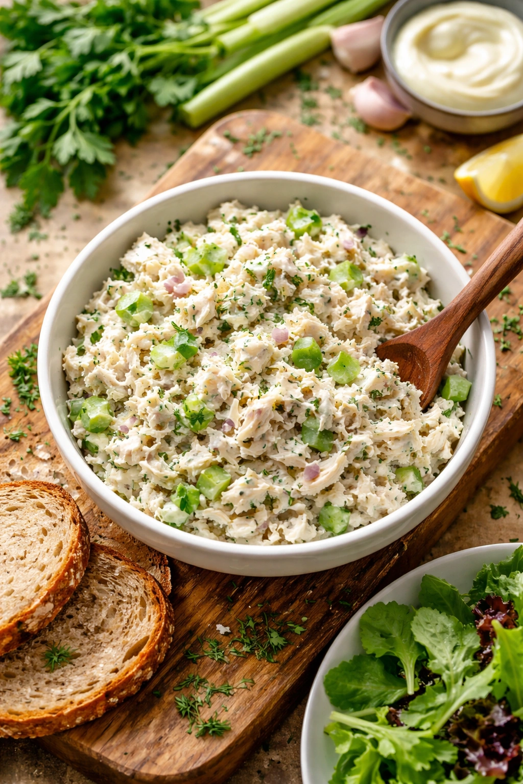Homemade chicken salad with celery and herbs in a bowl on wood