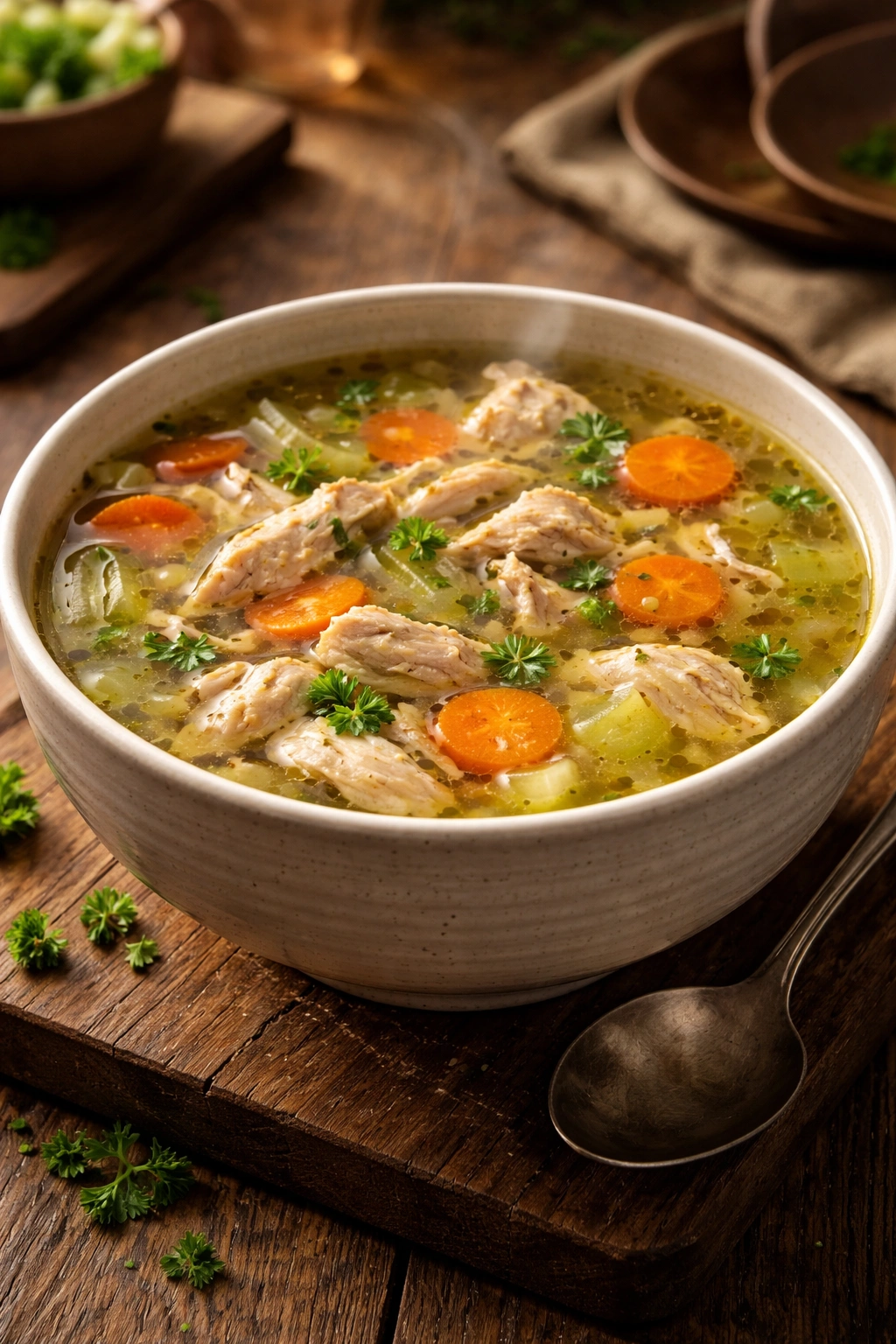 Steaming bowl of homemade chicken soup with chicken and vegetables