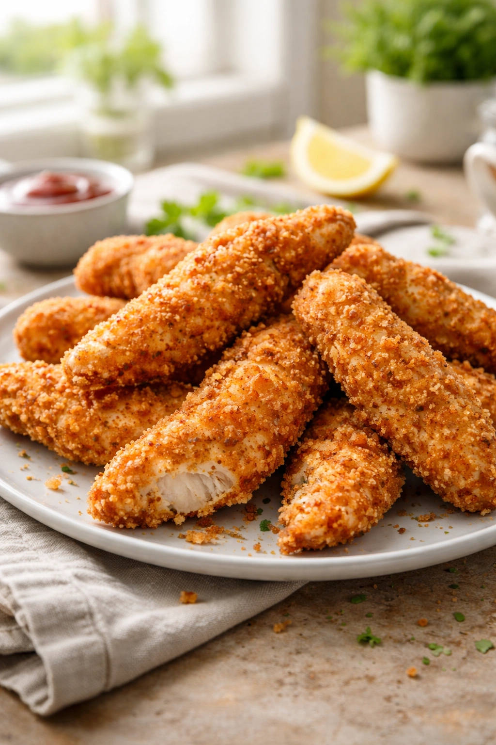 Close-up of crispy, golden homemade chicken tenders on a plate.