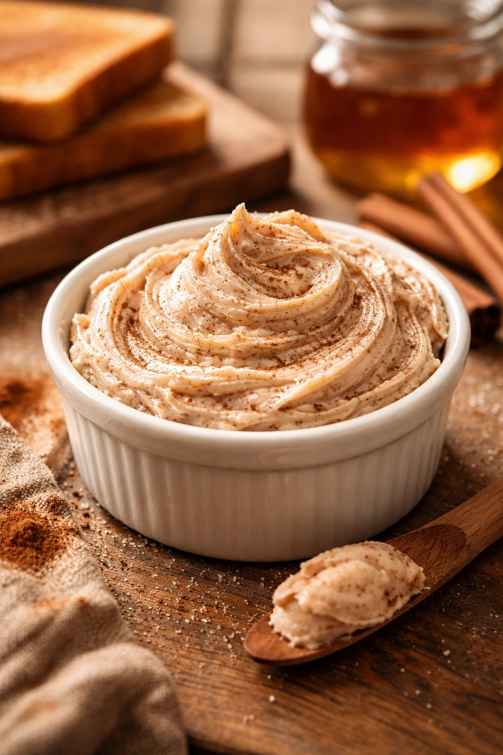 Close-up of a small dish of homemade cinnamon butter with a cinnamon swirl on a wooden surface
