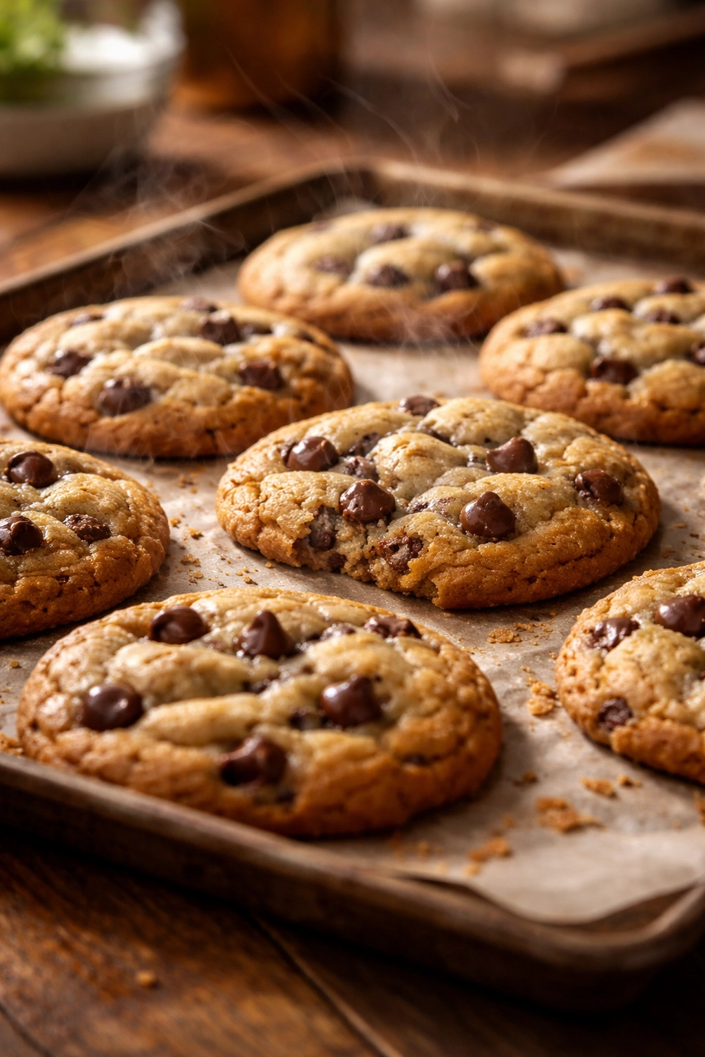 Close-up of soft, freshly baked chocolate chip cookies on a wooden tray in a warm kitchen