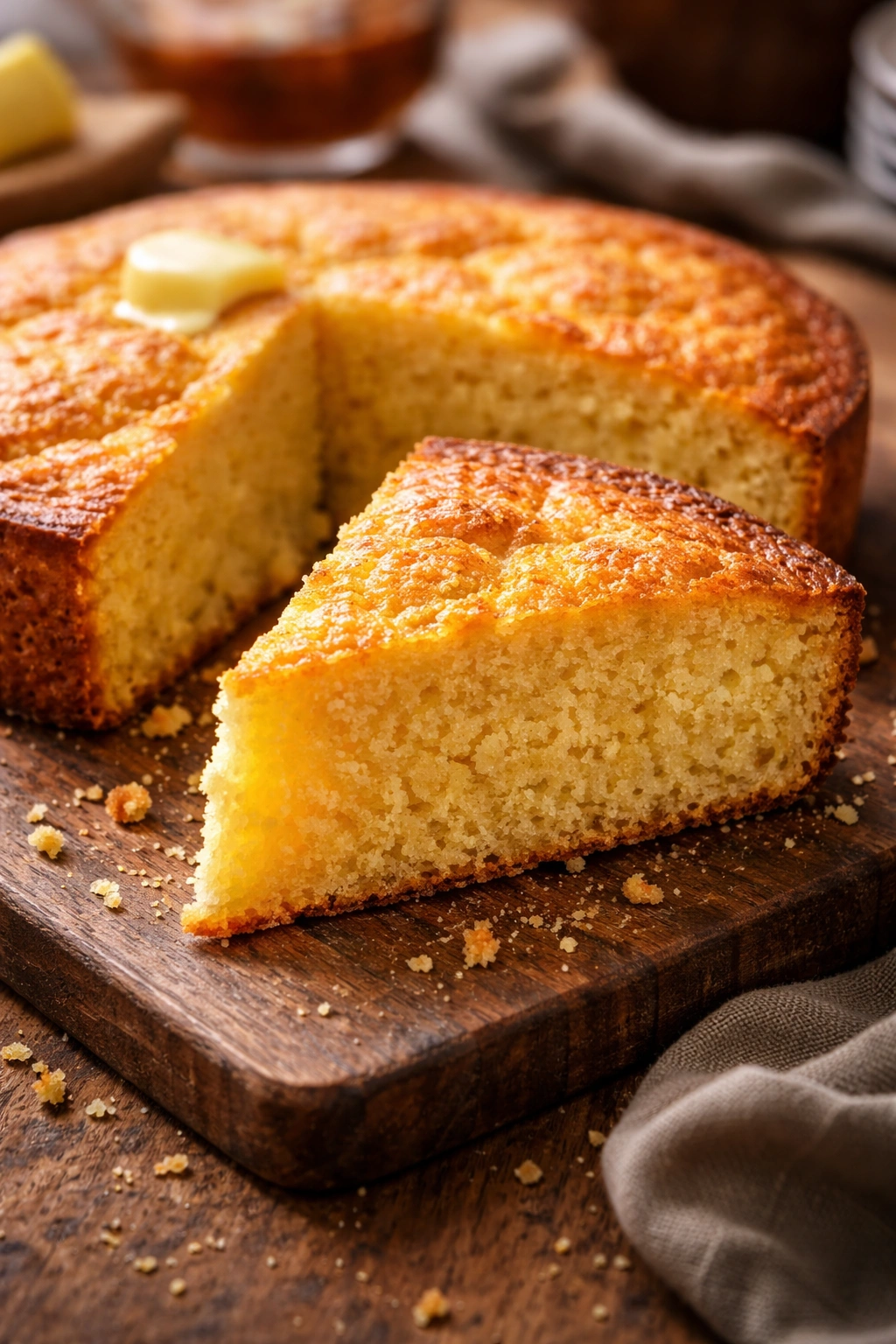 Golden cornbread wedge with crisp crust on a wooden board.