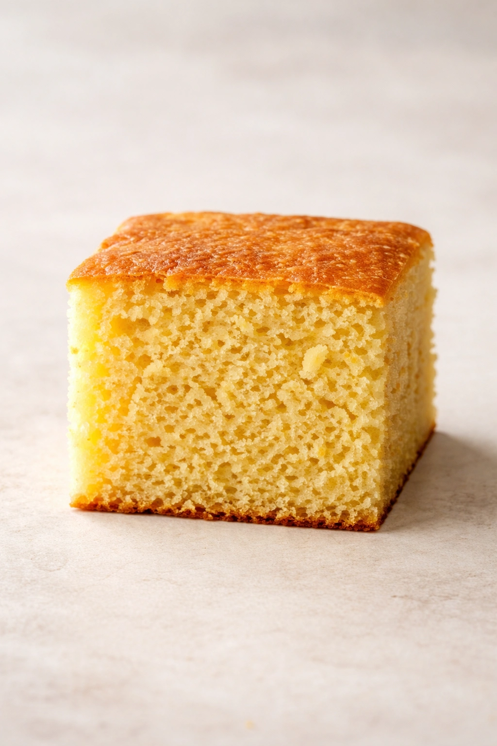 Single square of homemade cornbread showing tender crumb