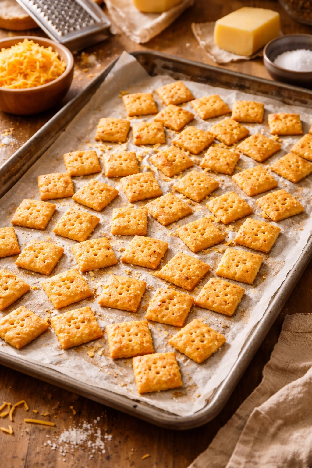 Close-up of golden homemade cheese crackers cooling on parchment