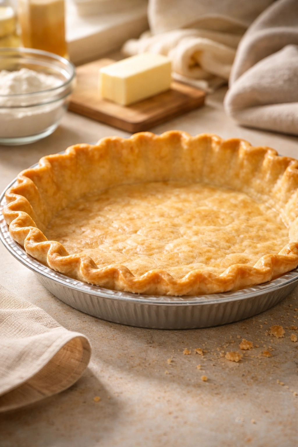 Golden flaky crust in pie tin showcasing homemade crust texture