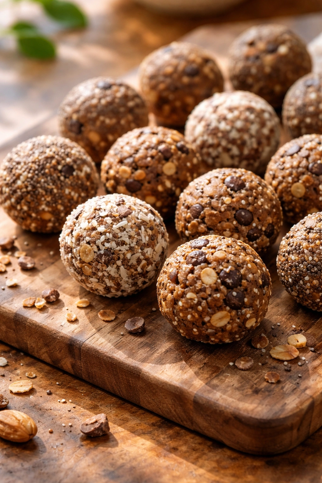 Homemade energy balls clustered on warm wood with natural light