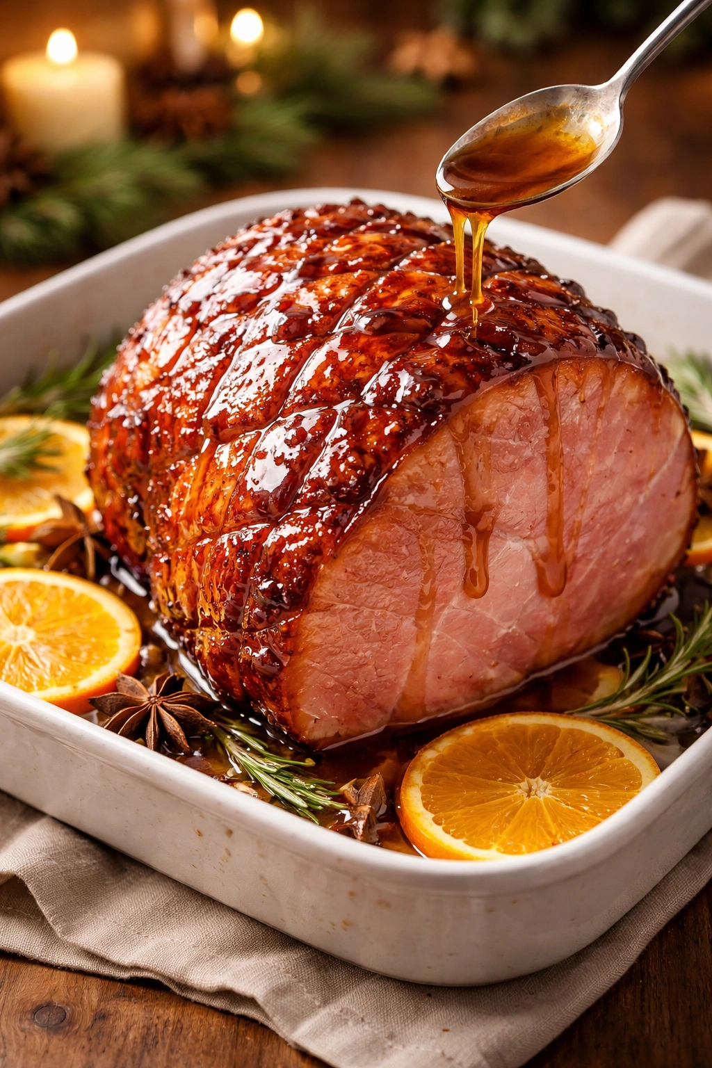 Glazed ham with glossy caramel crust highlighting homemade glaze