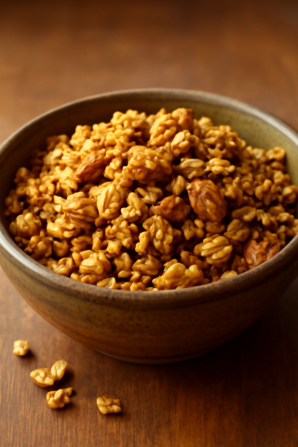 Close-up of homemade granola in a rustic bowl on a wooden counter