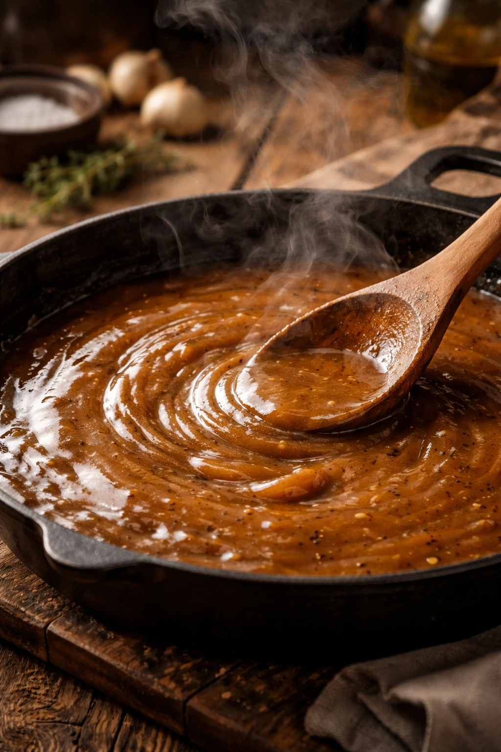 Close-up of glossy homemade gravy in a cast-iron skillet with steam and rich color