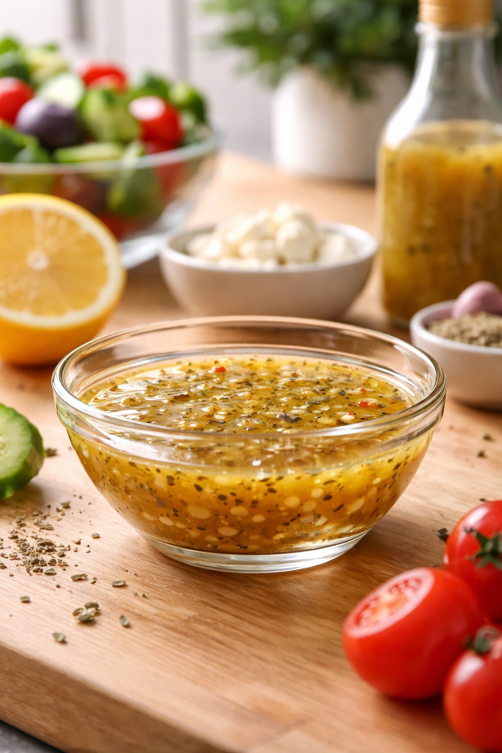 Close-up of glossy homemade Greek dressing in a glass bowl highlighting fresh flavor