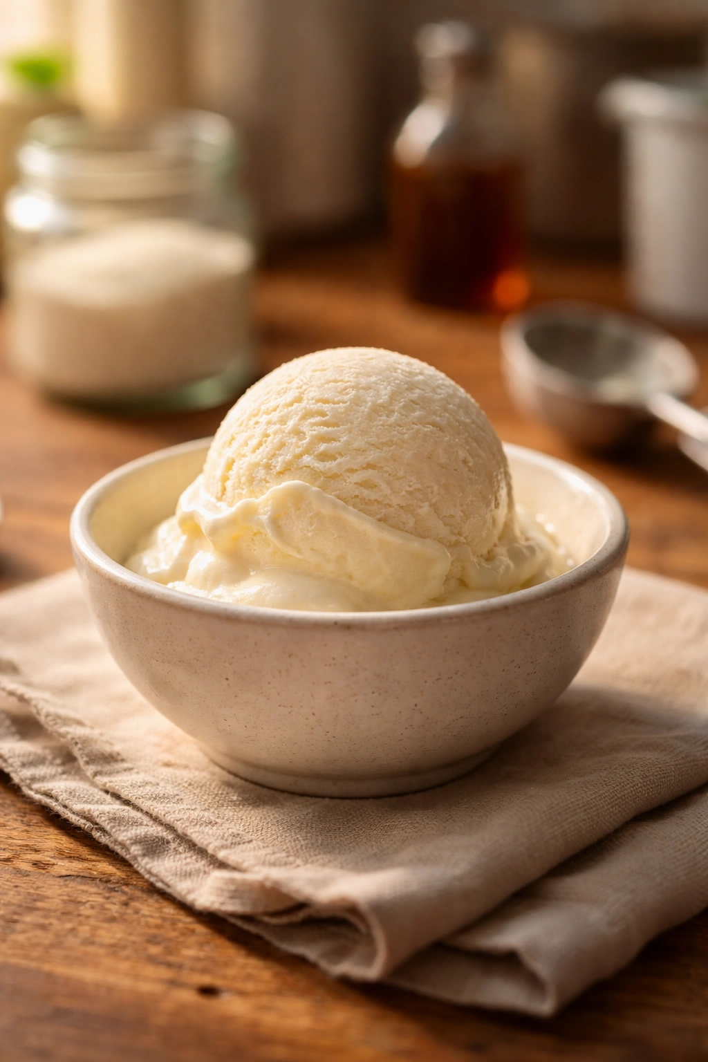 Single scoop of vanilla ice cream in a ceramic bowl on a wooden surface with warm light