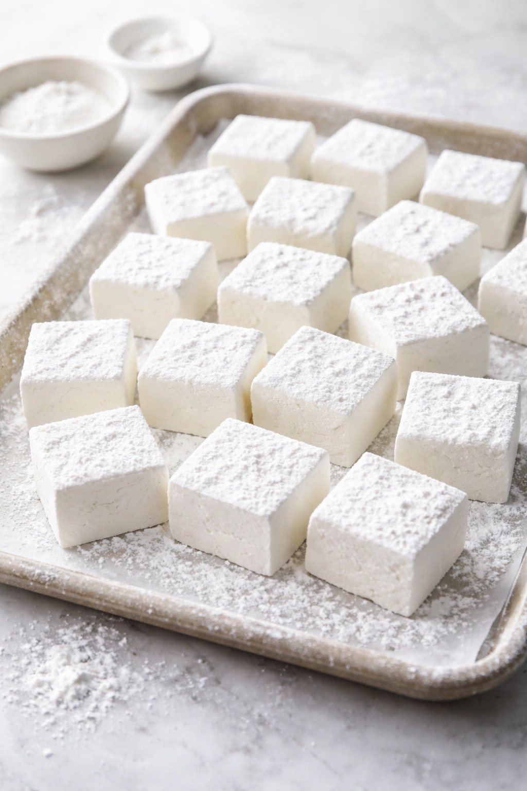 Homemade marshmallows on a clean surface dusted with sugar