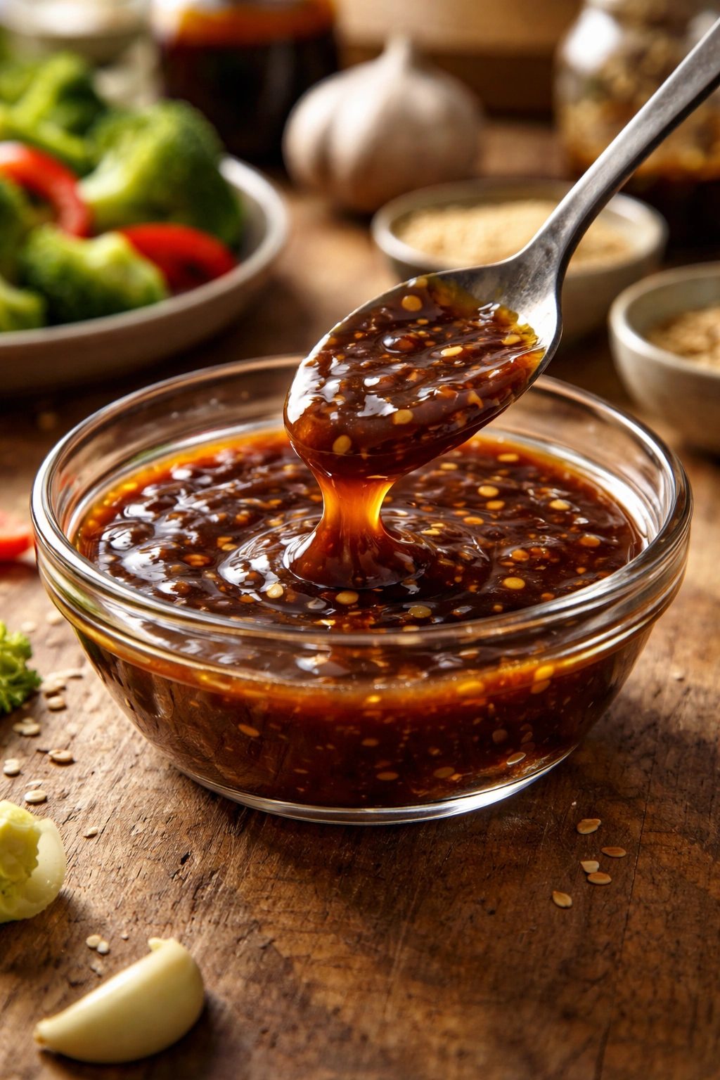 Close-up of glossy homemade stir-fry sauce in a glass bowl on wood, showcasing texture.