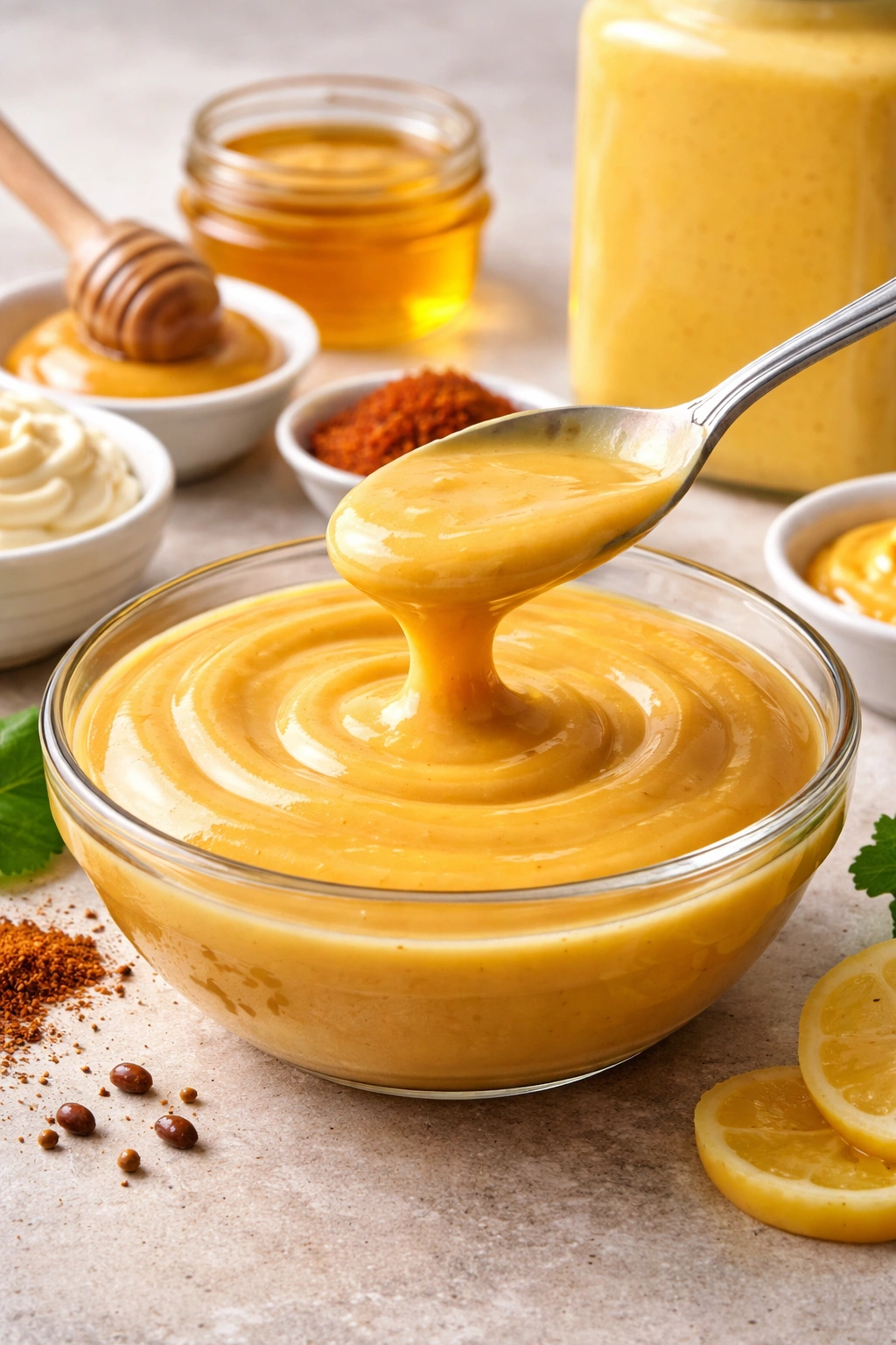 Glossy homemade sauce in a glass bowl on a neutral backdrop