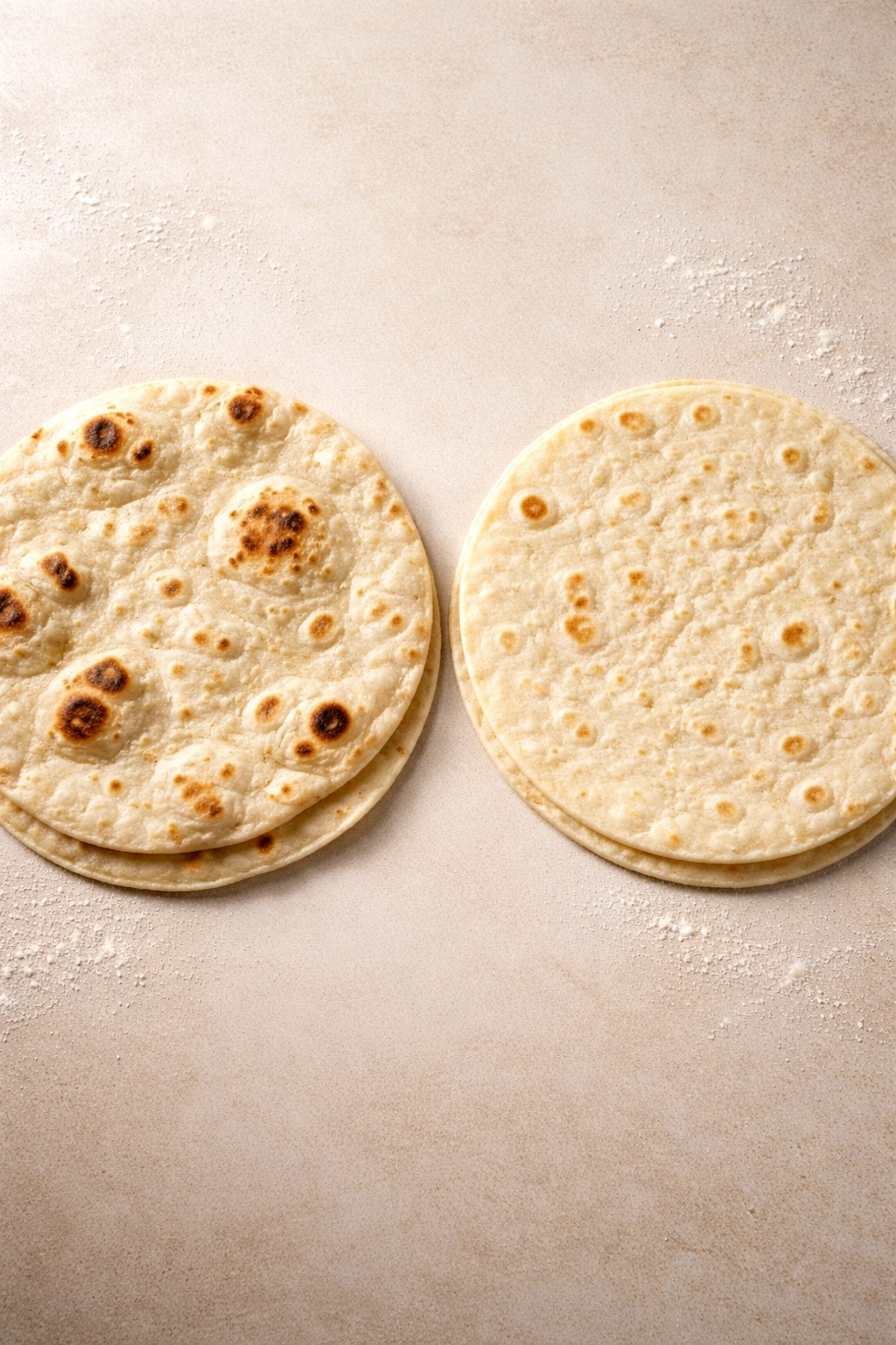 Two tortillas showing homemade texture vs store-bought uniformity