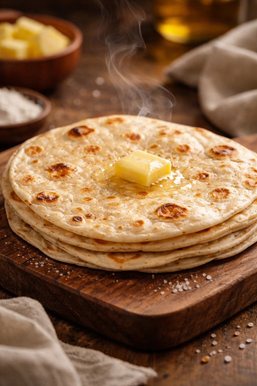 Warm tortilla with melting butter and steam showing homemade flavor