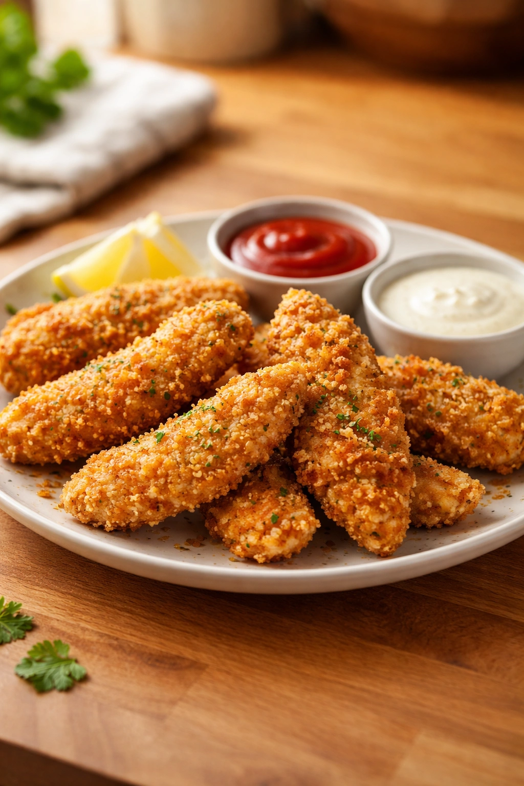 Plate of homemade chicken tenders on a wooden counter
