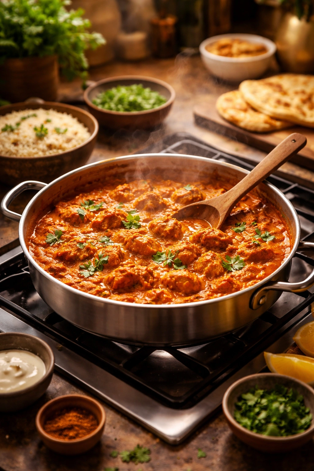 Pot of simmering chicken tikka masala on a home stove with steam