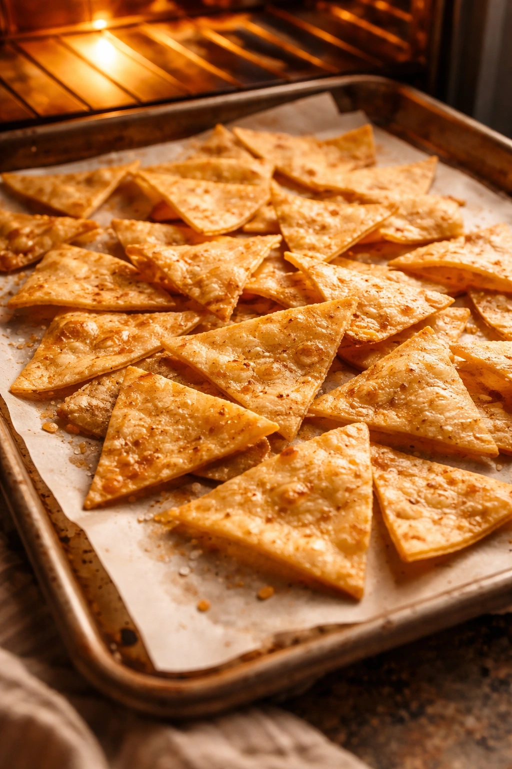 Close-up of crispy homemade tortilla chips on parchment-lined sheet