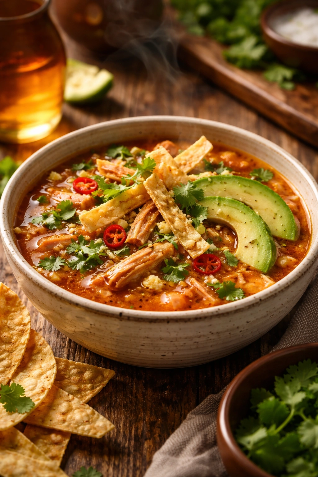 Close-up of steaming homemade tortilla soup with crispy tortilla strips and avocado.