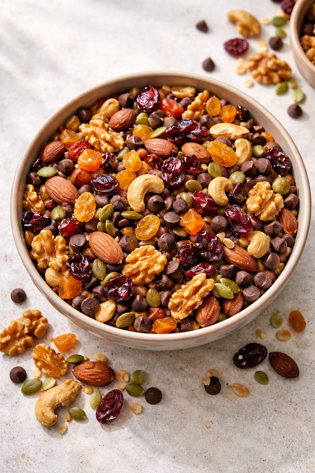 Trail mix with nuts seeds dried fruit and dark chocolate