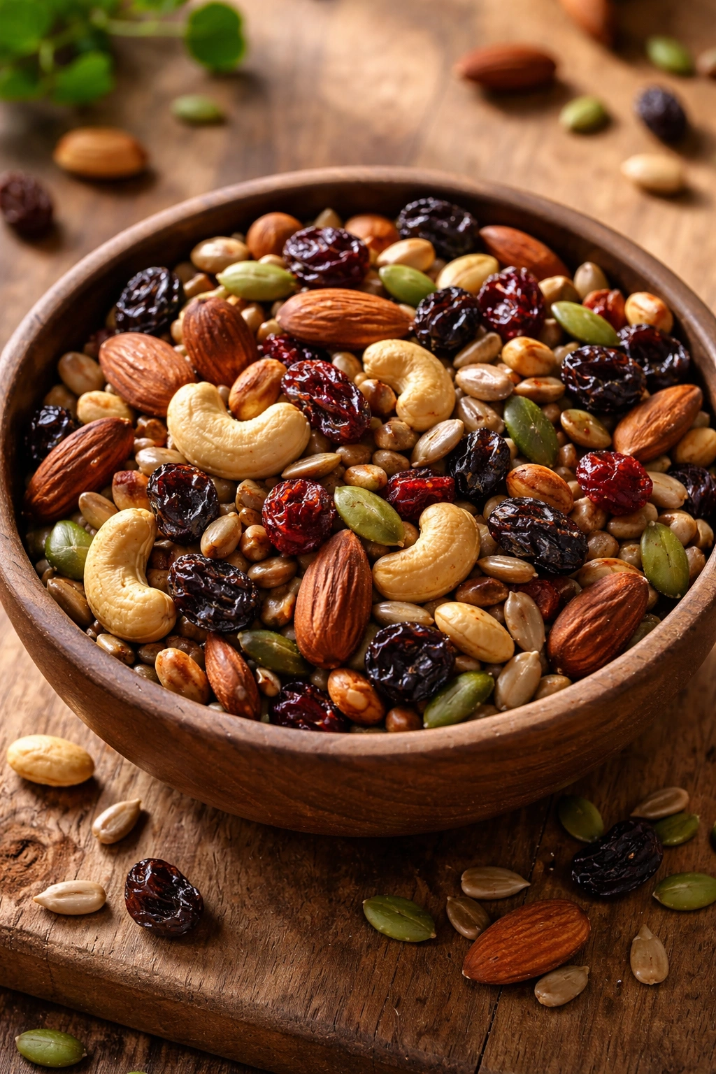 Bowl of homemade trail mix with nuts and dried fruit