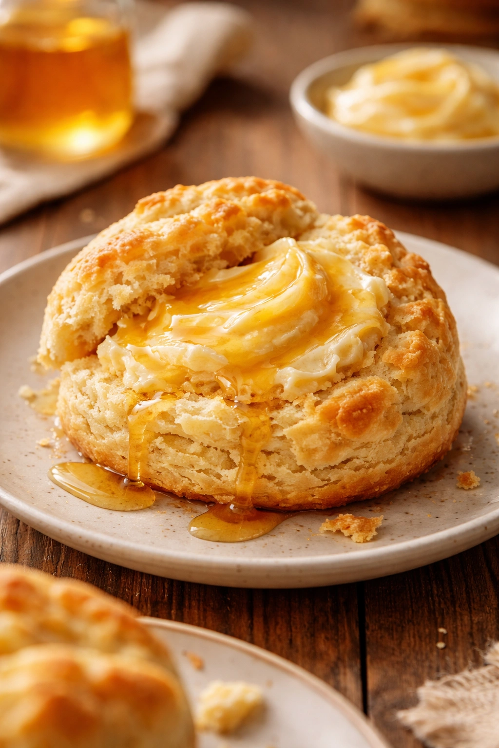 Warm biscuit with melting honey butter on a plate