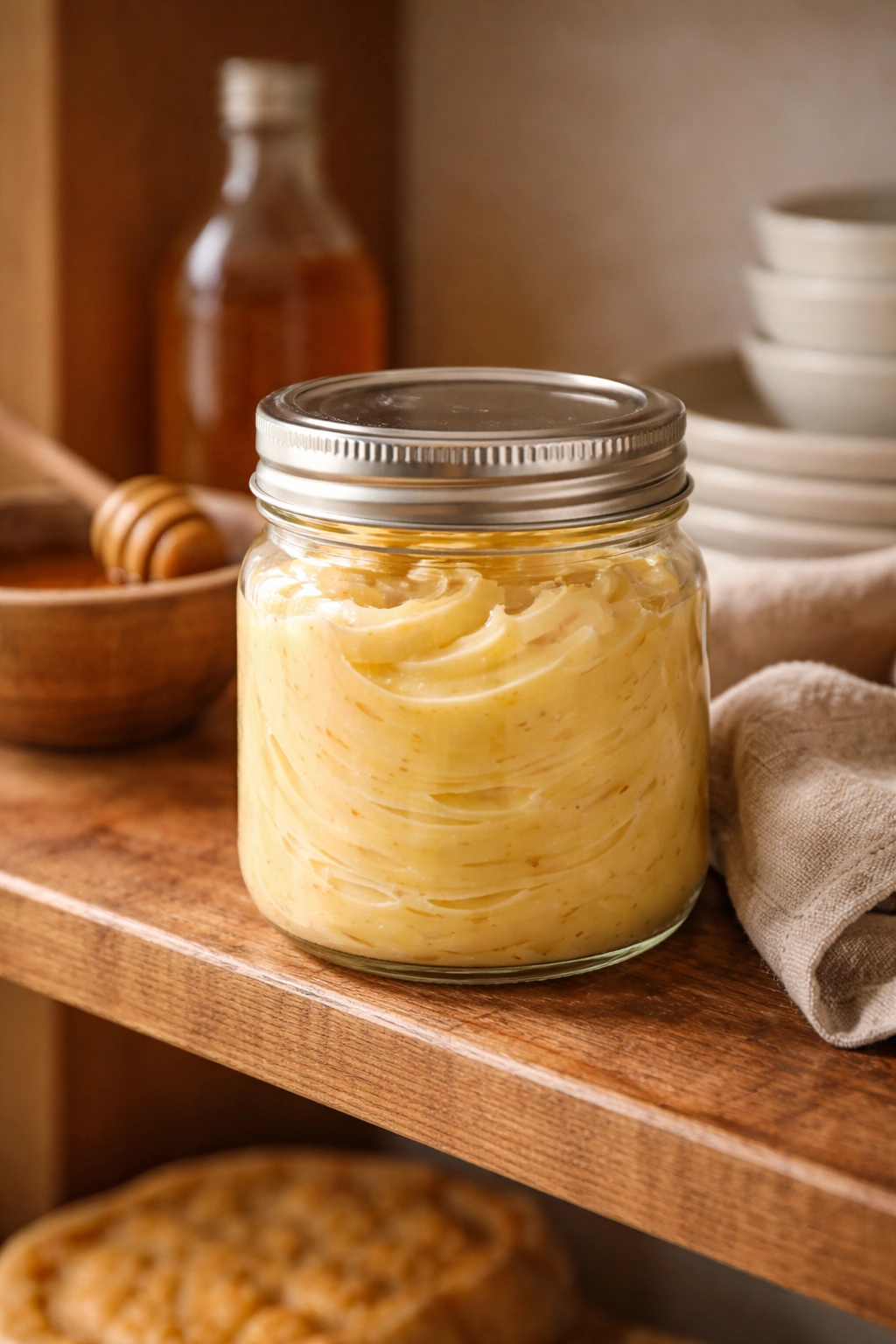 Glass jar of honey butter on a wooden shelf in warm light