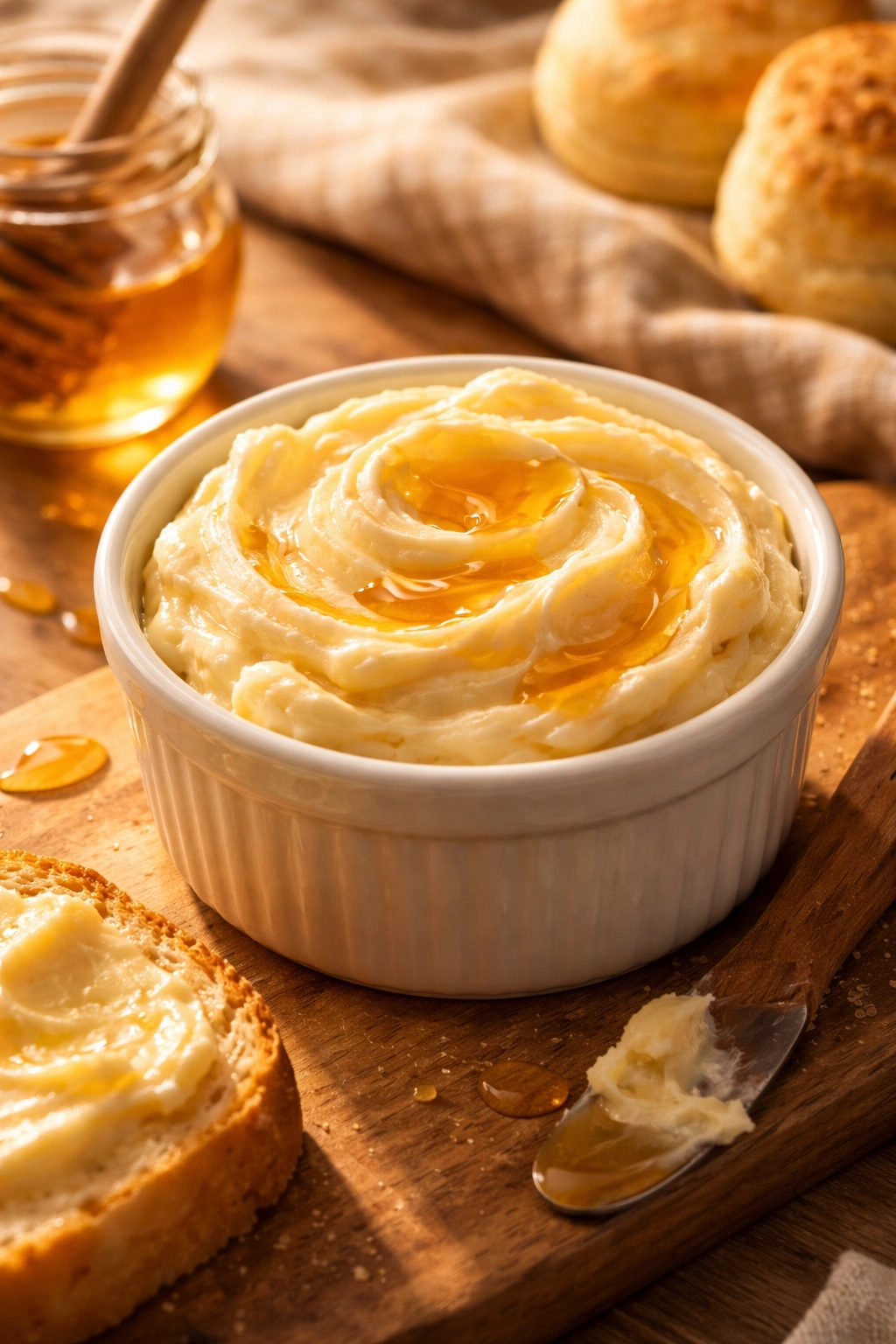 Close-up of whipped honey butter in a dish with honey drizzle, warm lighting