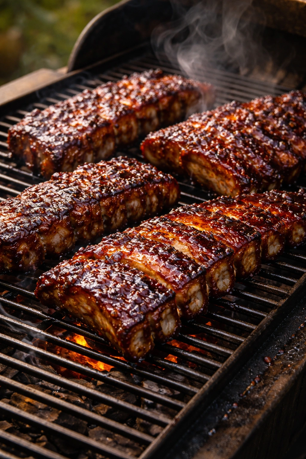 Ribs with honey chipotle glaze and smoke on a grill