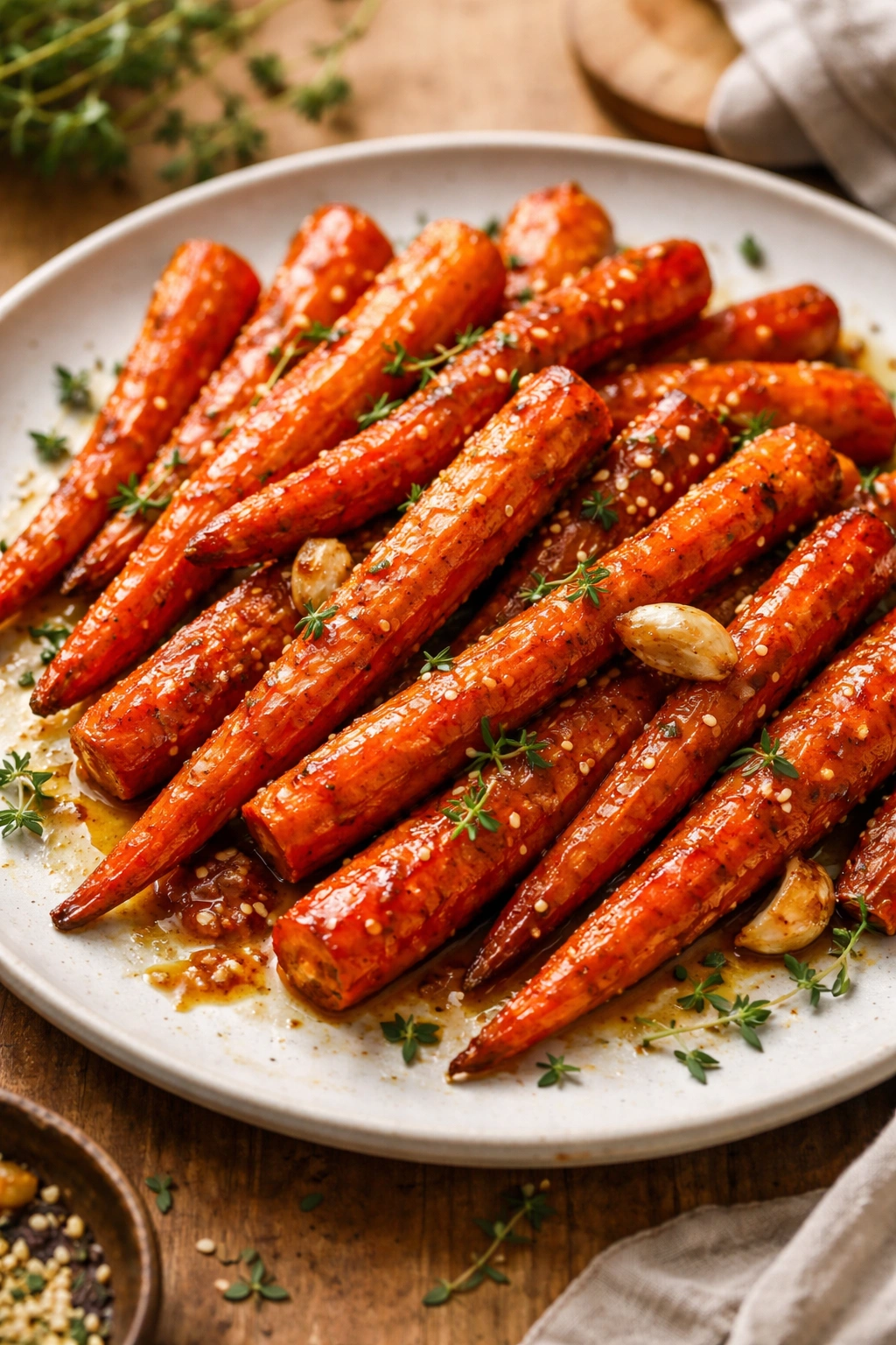 Close-up of glossy honey-garlic roasted carrots on a plate with thyme
