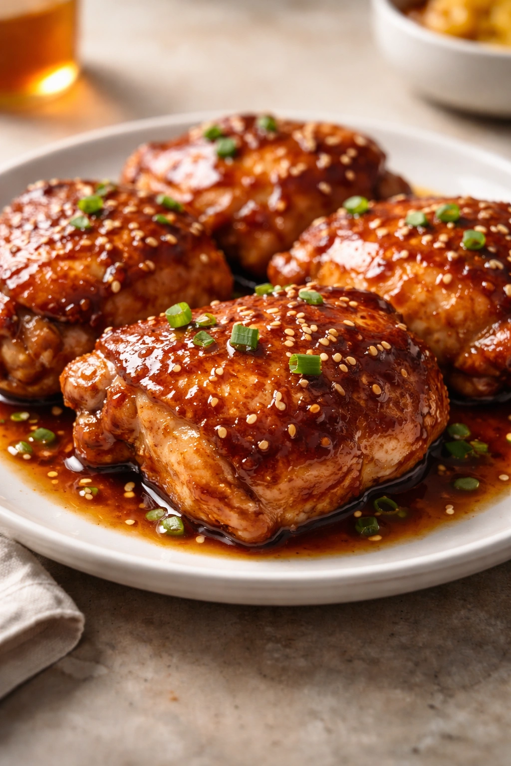 Glossy honey garlic chicken thigh on a plain plate
