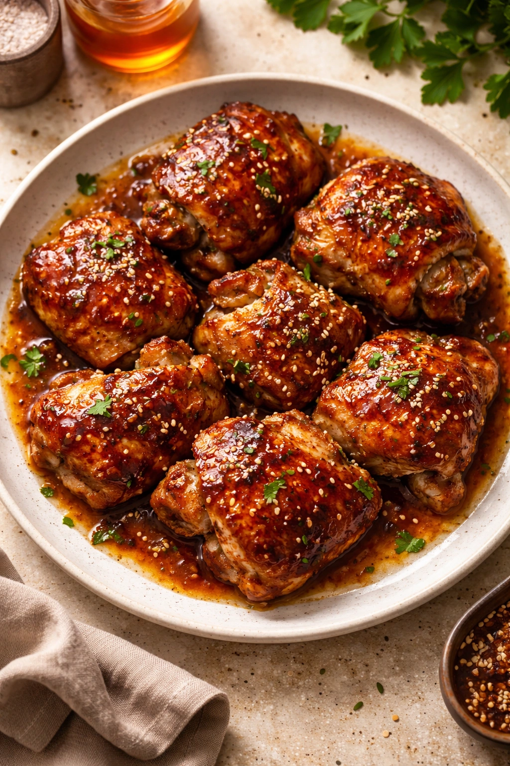Glazed honey garlic chicken thighs plated with glossy sauce