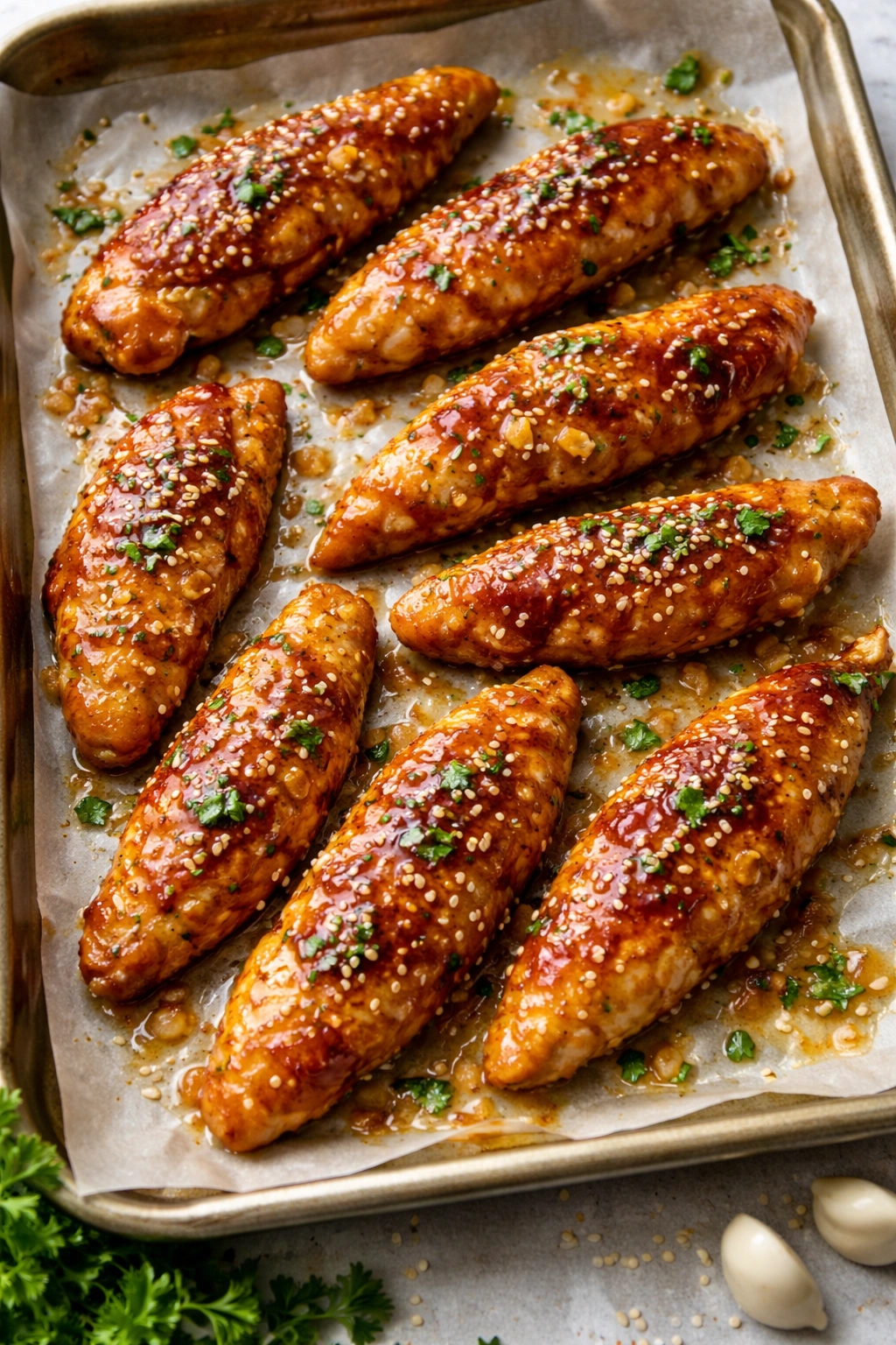 Honey garlic glazed chicken tenders on parchment with golden caramelized coating