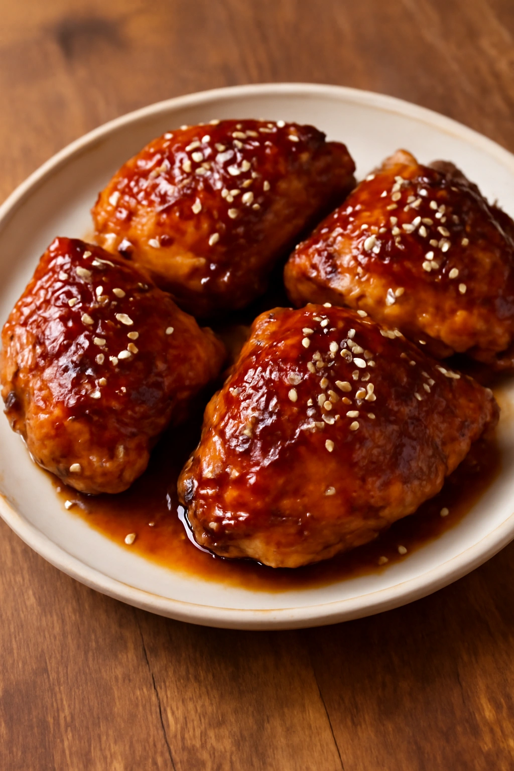 Honey garlic chicken thighs with glossy glaze on plate