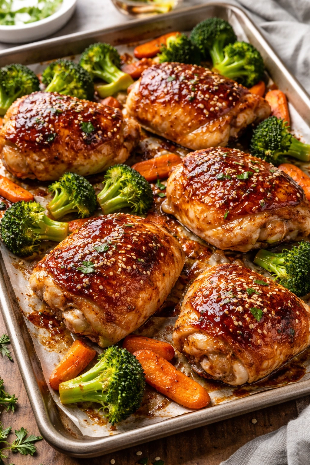 Close-up of honey-glazed chicken thighs with roasted vegetables on a sheet pan