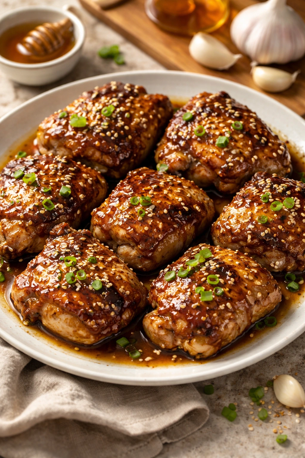 Honey garlic glazed chicken thighs on plate