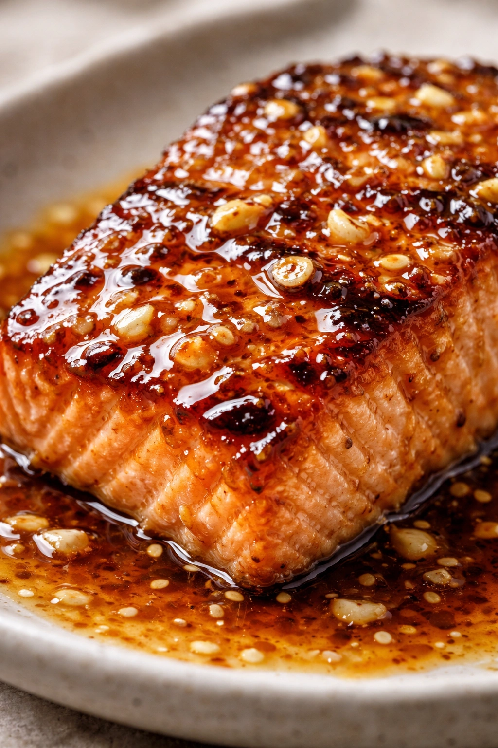 Glossy glaze on salmon surface