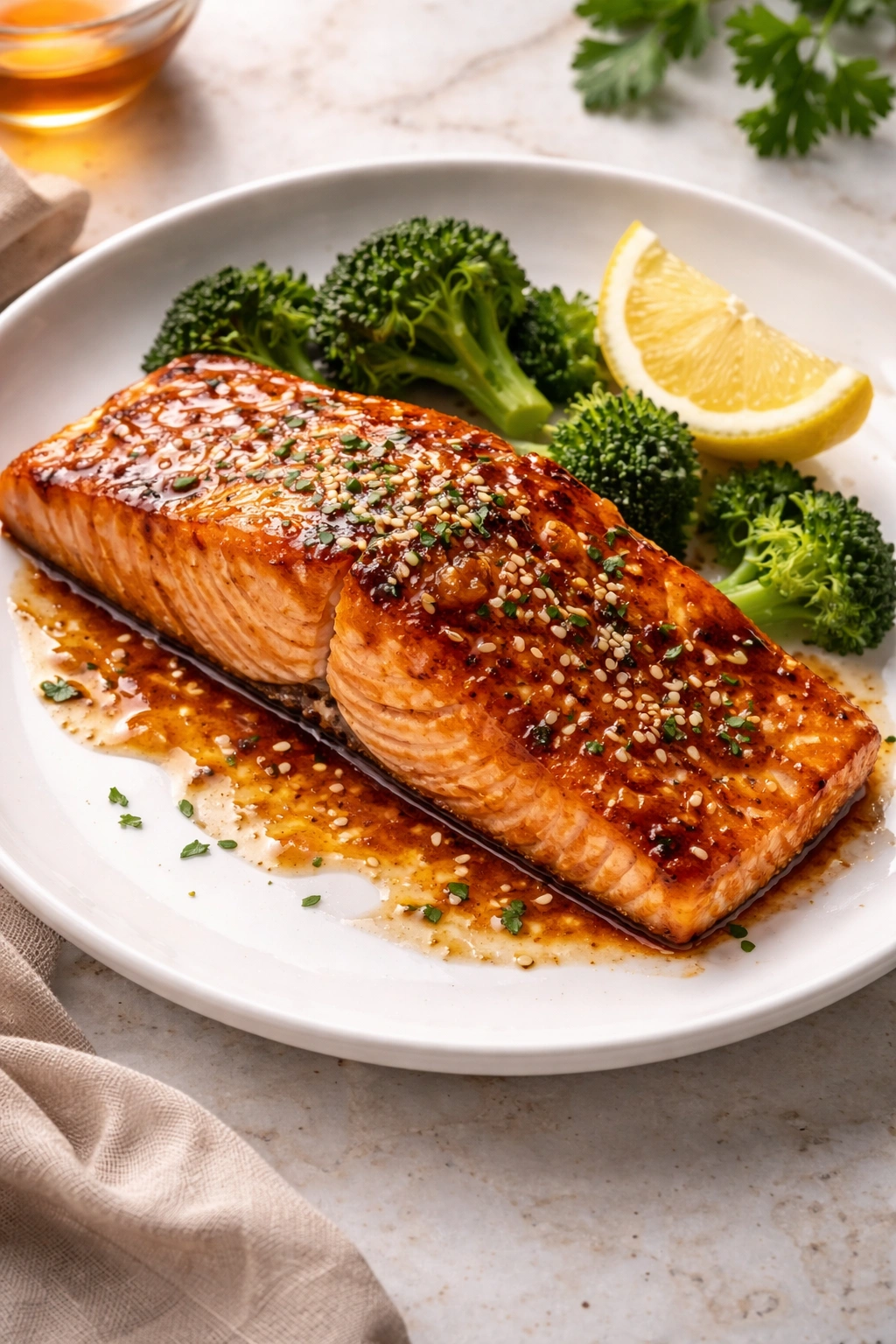 Glossy honey-garlic glazed salmon fillet on plate
