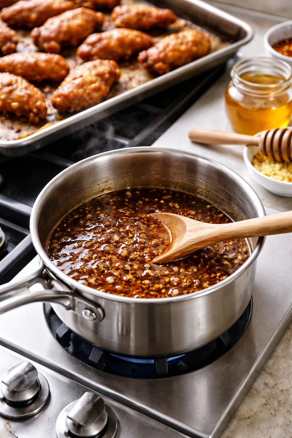 Sauce simmering in saucepan with garlic, honey and ginger visible in glossy glaze